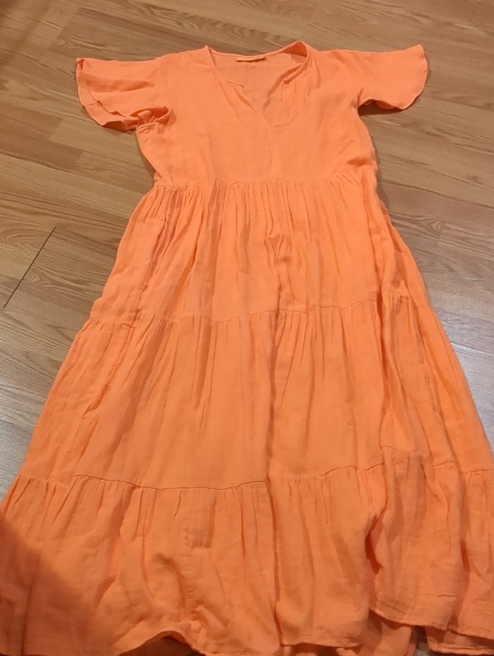 Oliphant Orange Crinkle Gauze V-Neck Tiered Maxi Dress Flutter Sleeve Medium